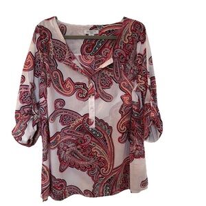 Liz Claiborne Henley Tunic Women’s XL Red Pink Paisley Relaxed Coastal Resort